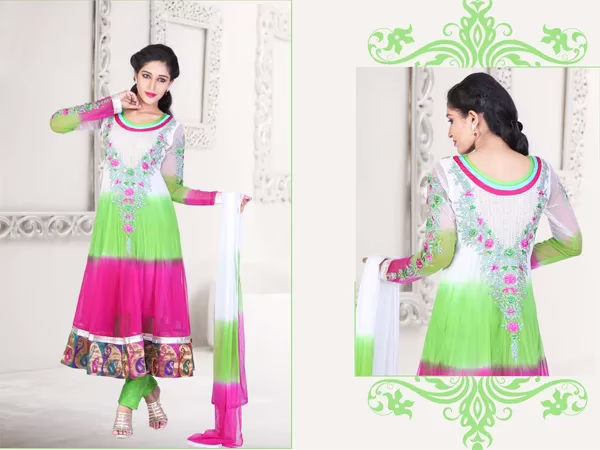 Pazaar Kaanchi Off White & Lime Green Embroidered Anarkali Salwar Kameez