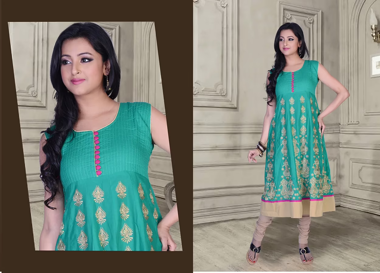 Pazaar Glorious Persian Green Embroidered Festival Kurti