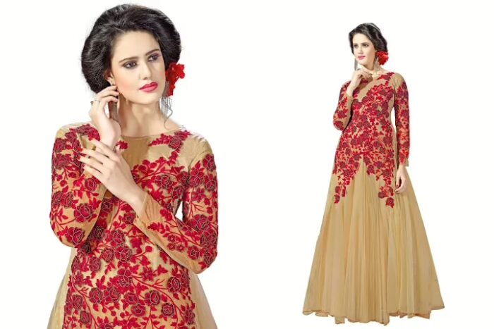 Hi-Fashion Beige Embroidered Designer Readymade Gown