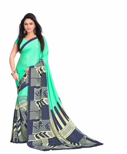 Hi-Fashion Sea Green Crepe Print  Work Saree
