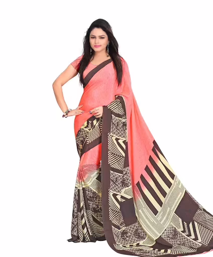 Hi-Fashion Salmon Crepe Print  Work Saree
