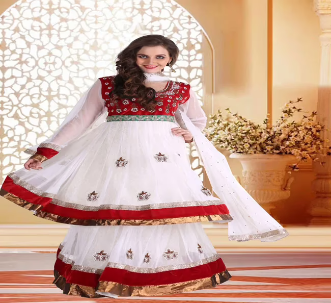 Pazaar Rangoli Off White & Venetion Red Embroided Lehenga Choli