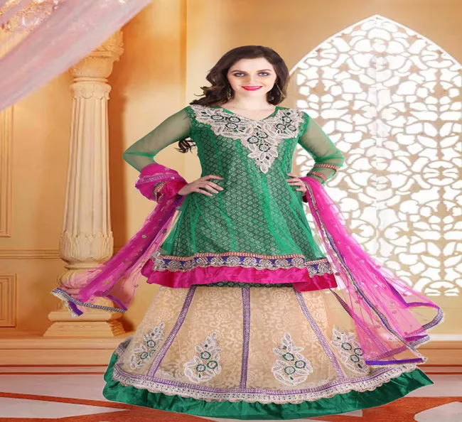 Pazaar Rangoli Jungle Green and Peach Yellow Embroided Lehenga Choli