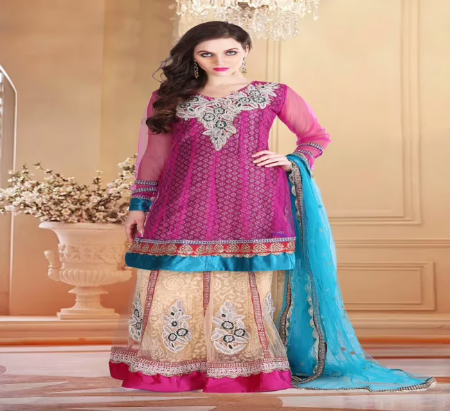 Pazaar Rangoli Red-Violet and Peach Yellow Embroided Lehenga Choli