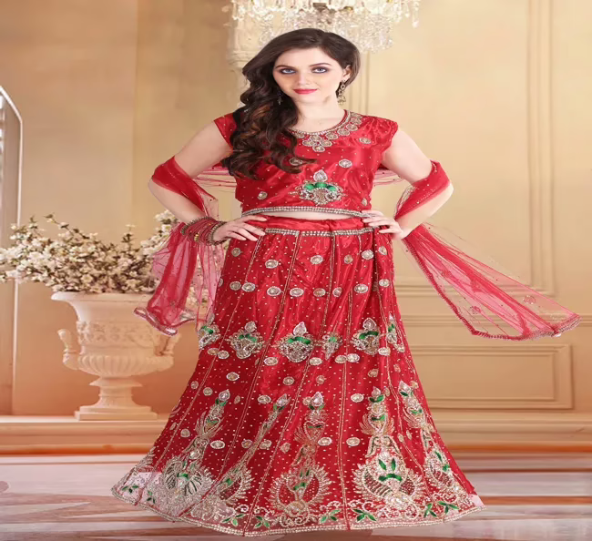 Pazaar Rangoli Rose-Madder Red Embroided Lehenga Choli