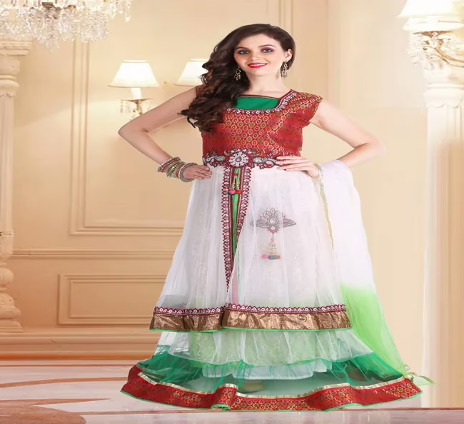 Pazaar Rangoli Off White & Rose Madder Red Embroided Lehenga Choli