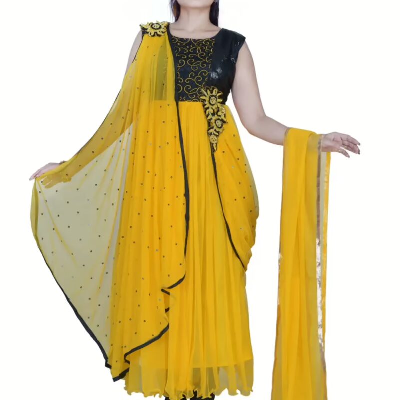 Pazaar Black & Maize Yellow Embroidered Festival Anarkali Kameez