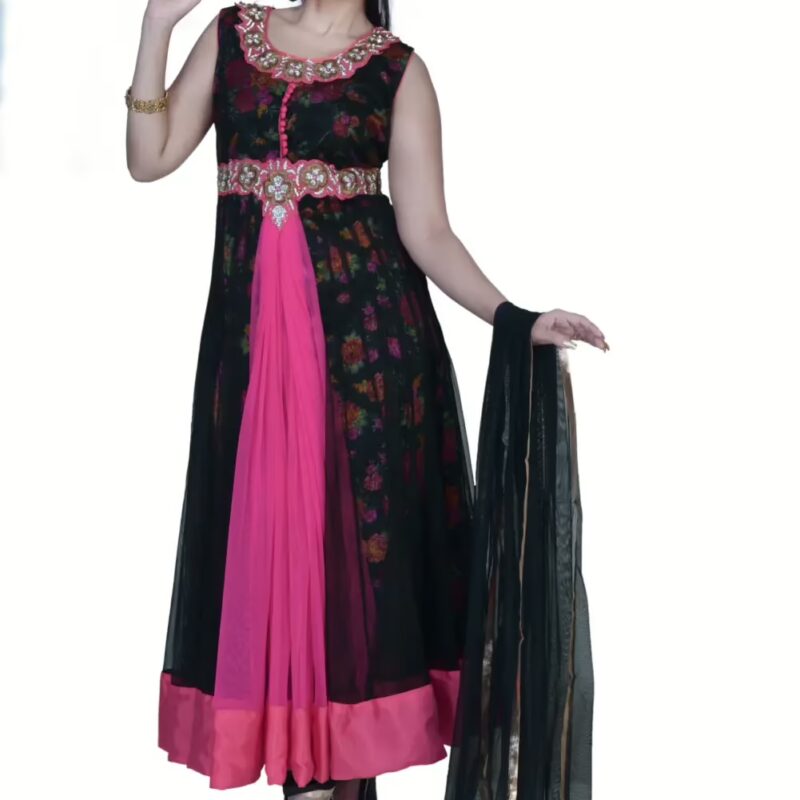Pazaar Black & Dark Pink Embroidered Festival Anarkali Kameez