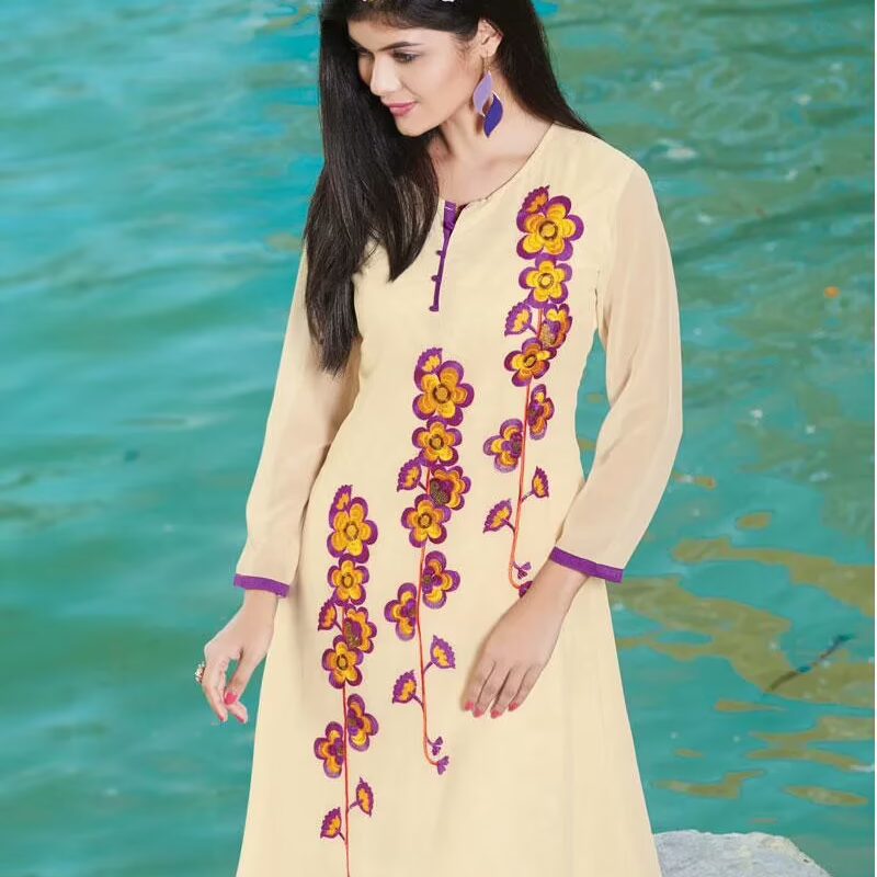 Hi-Fashion Beige Embroidered Designer Readymade Kurtis