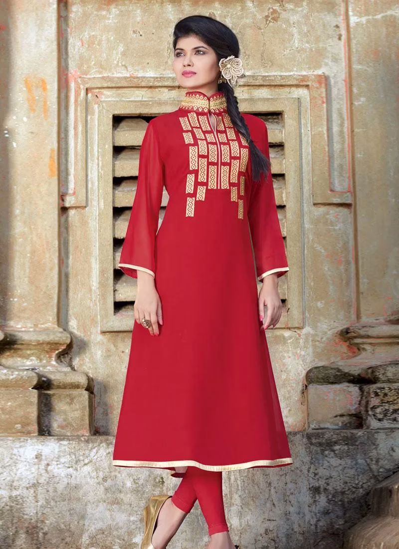 Hi-Fashion Red Embroidered Designer Readymade Kurtis