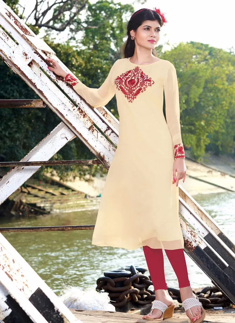 Hi-Fashion Beige Embroidered Designer Readymade Kurtis