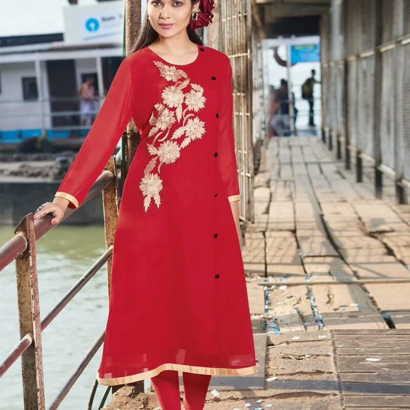 Hi-Fashion Red Embroidered Designer Readymade Kurtis