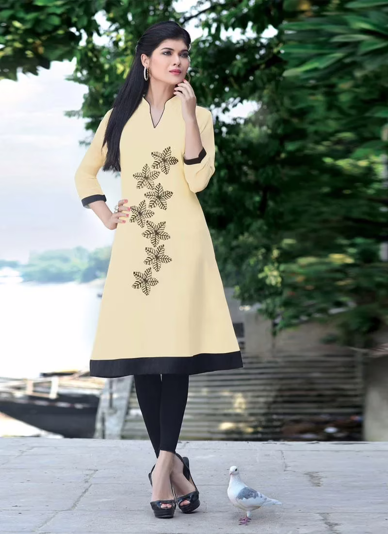 Hi-Fashion Beige Embroidered Designer Readymade Kurtis