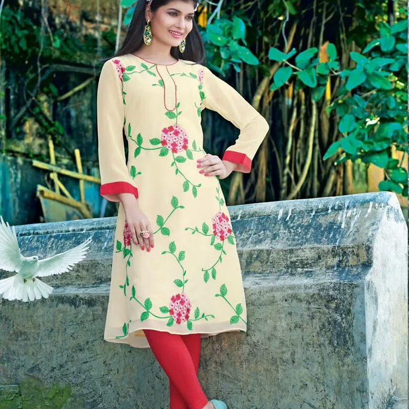 Hi-Fashion Beige Embroidered Designer Readymade Kurtis