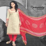 Hi-Fashion Cream & Red Embroidered Churidar Suit