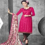 Hi-Fashion Pink & Brown With Cream Dupatta Embroidered Churidar Suit