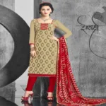 Hi-Fashion Beige & Red Embroidered Churidar Suit