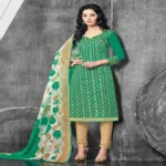 Hi-Fashion Green & Cream Embroidered Churidar Suit
