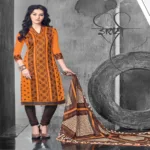 Hi-Fashion Orange & Brown Embroidered Churidar Suit