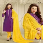 Hi-Fashion Violet & Yellow Embroidered Chanderi Straight Suit