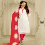 Hi-Fashion White & Red Embroidered Chanderi Straight Suit