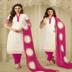 Hi-Fashion White & Pink Embroidered Chanderi Straight Suit