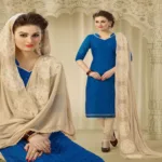 Hi-Fashion Blue & Beige Embroidered Chanderi Straight Suit