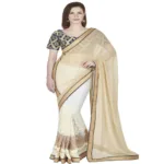 Hi-Fashion Cream Chiffon Net Embroidered Work Saree