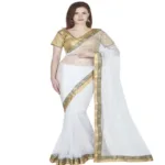 Hi-Fashion Cream Chiffon Net Embroidered Work Saree