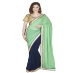 Hi-Fashion Sea Green Georgette,Net Border Lace Work Work Saree