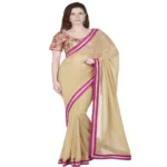 Hi-Fashion Beige Georgette Border Lace  Work Saree