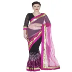 Hi-Fashion Black Chiffon Net Embroidered  Work Saree
