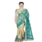 Hi-Fashion Cream Chiffon Net Embroidered  Work Saree