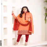 Hi-Fashion Embroidered Peach With Red Designer Straight Suit