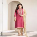 Hi-Fashion Embroidered Pink With Beige Designer Straight Suit