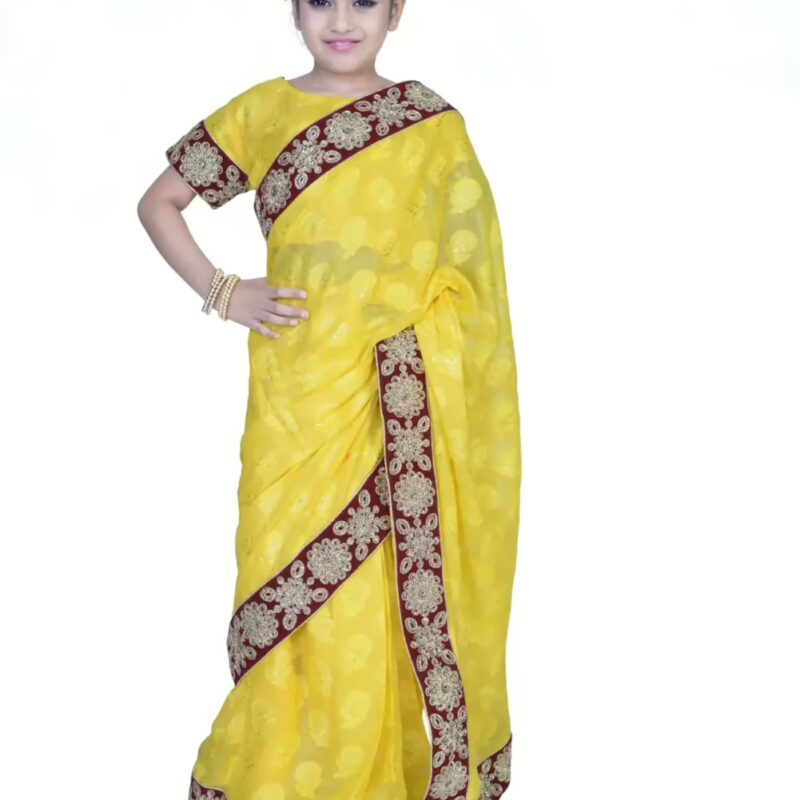 Pazaar Lemon Yellow embroidered party kids wear saree