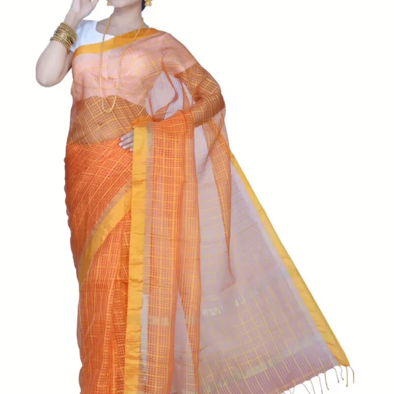 Pazaar Vermilion Red & Amber Yellow Festival Saree With Matching Blouse Piece