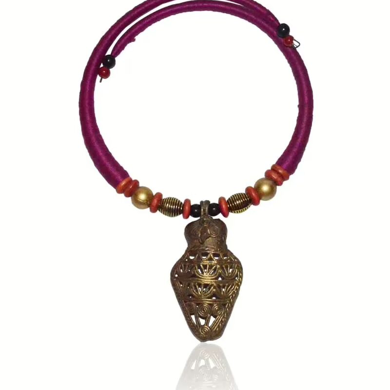 Pazaar Red Violet and Golden Dokra Festival Necklace