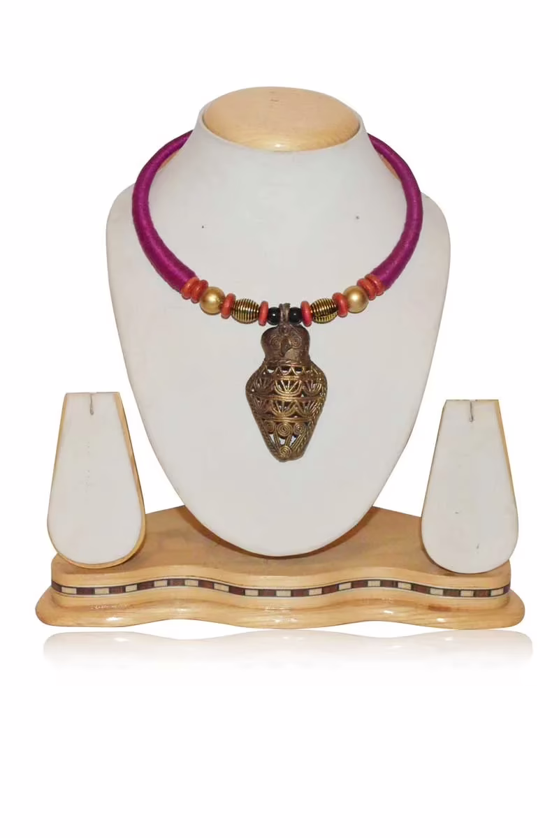 Pazaar Red Violet and Golden Dokra Festival Necklace - Image 2