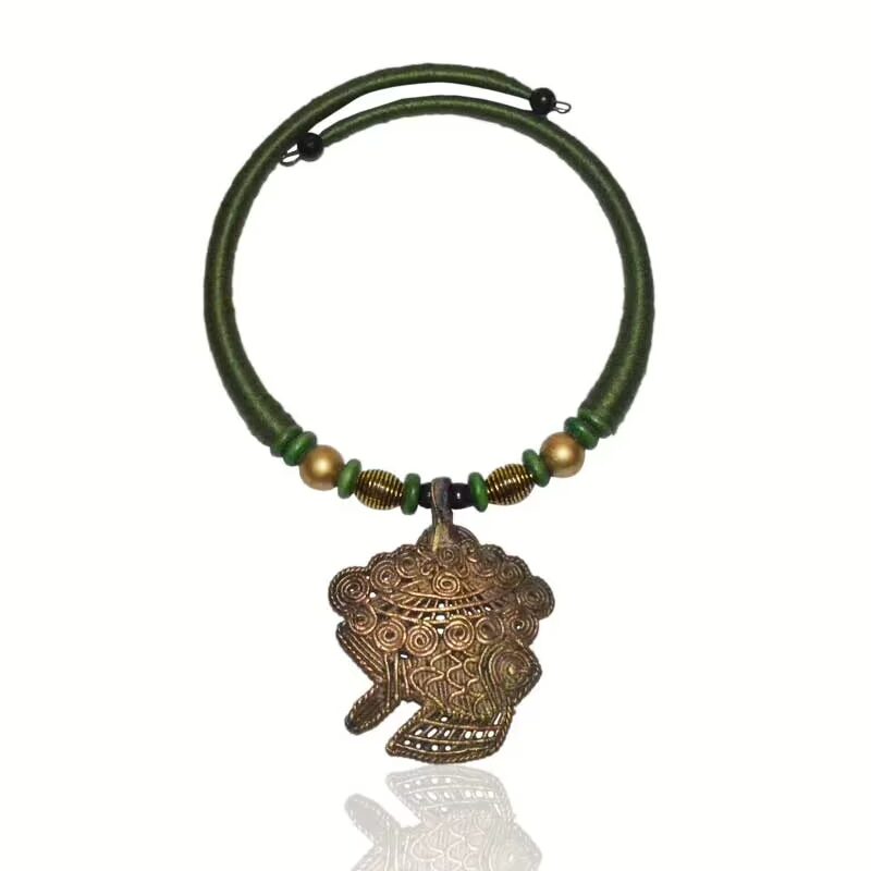 Pazaar Olive Green and Golden Dokra Festival Necklace