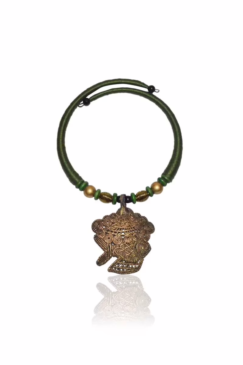 Pazaar Olive Green and Golden Dokra Festival Necklace