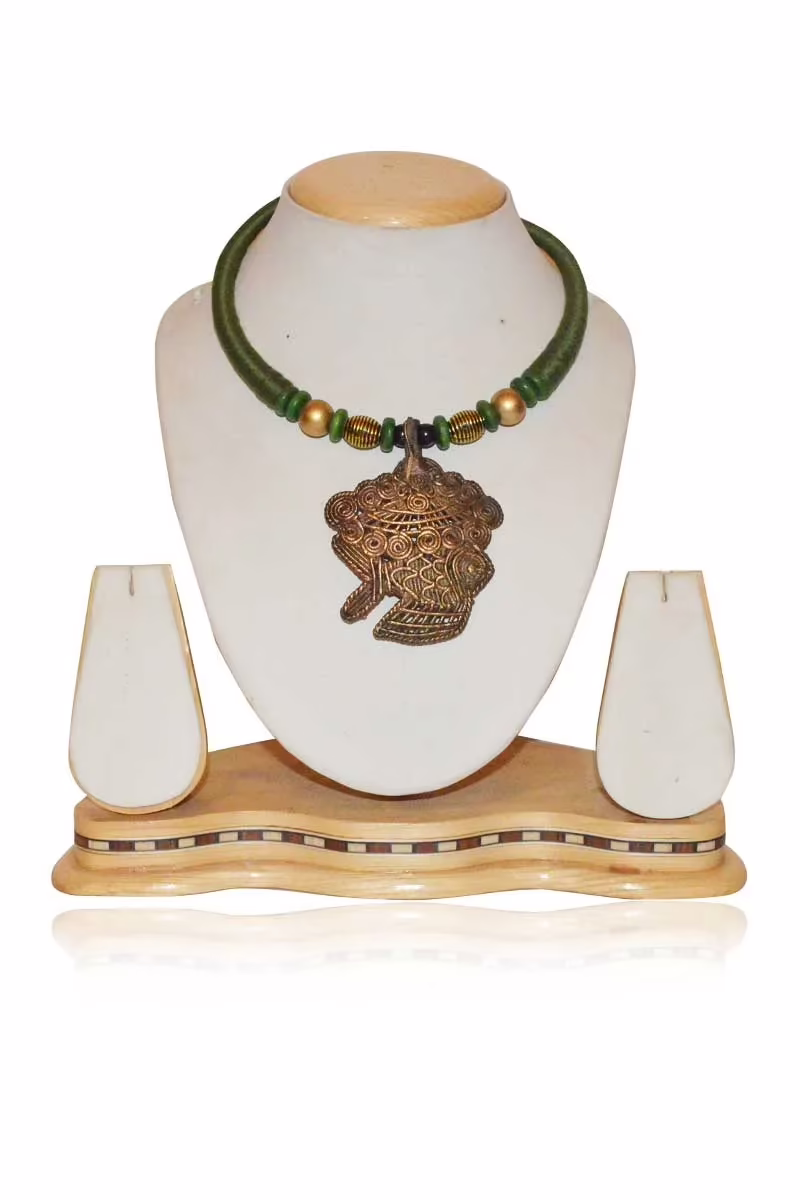 Pazaar Olive Green and Golden Dokra Festival Necklace - Image 2