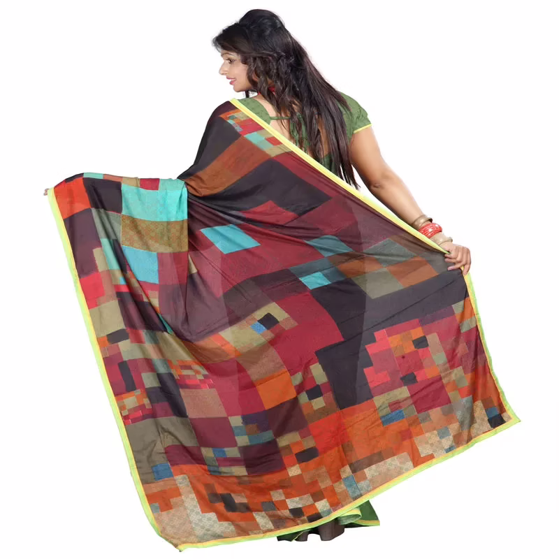 Lookslady Printed Grey & Orange Silk Crepe Saree - Image 4