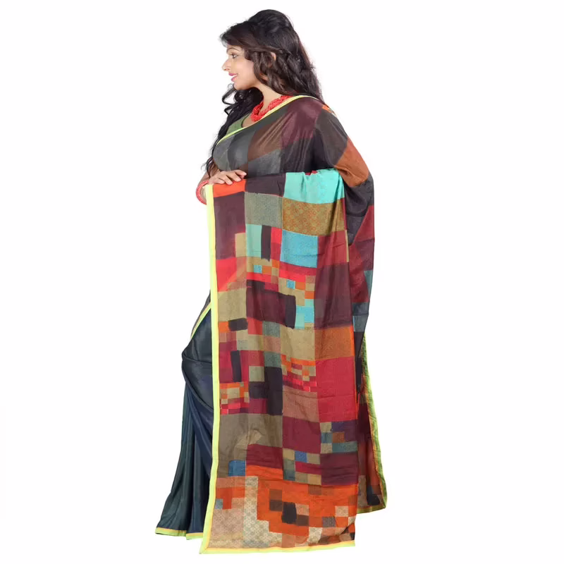 Lookslady Printed Grey & Orange Silk Crepe Saree - Image 2