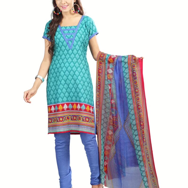 Lookslady Printed Turquoise crepe Dress-Material