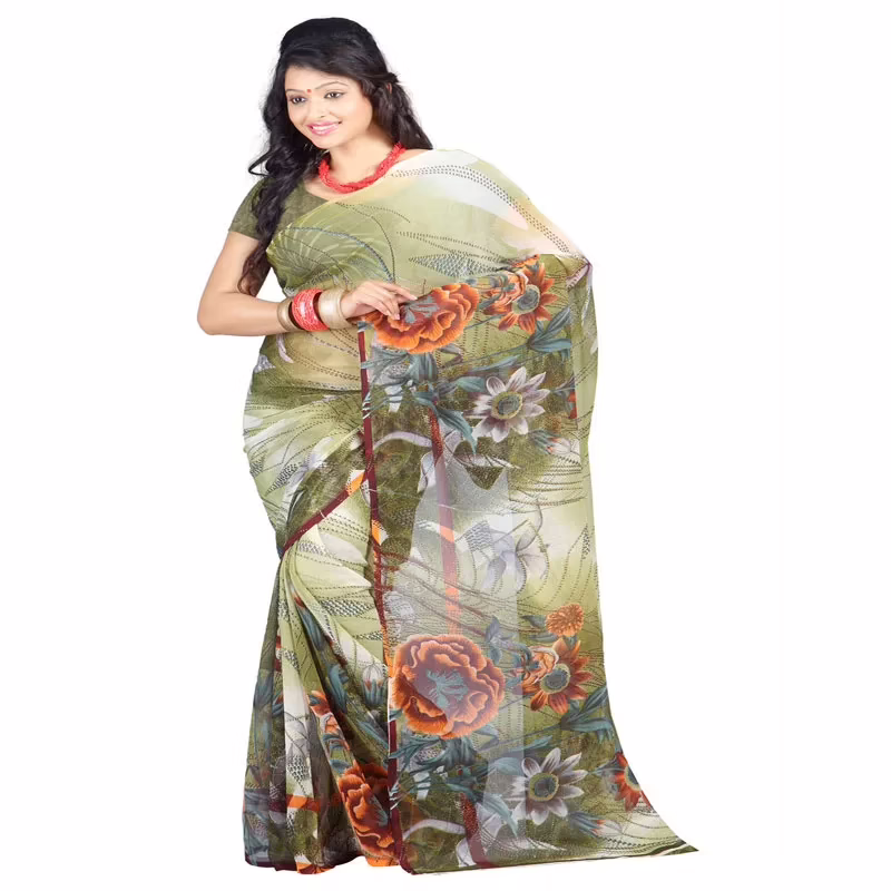 Lookslady Printed Green Chiffon Saree