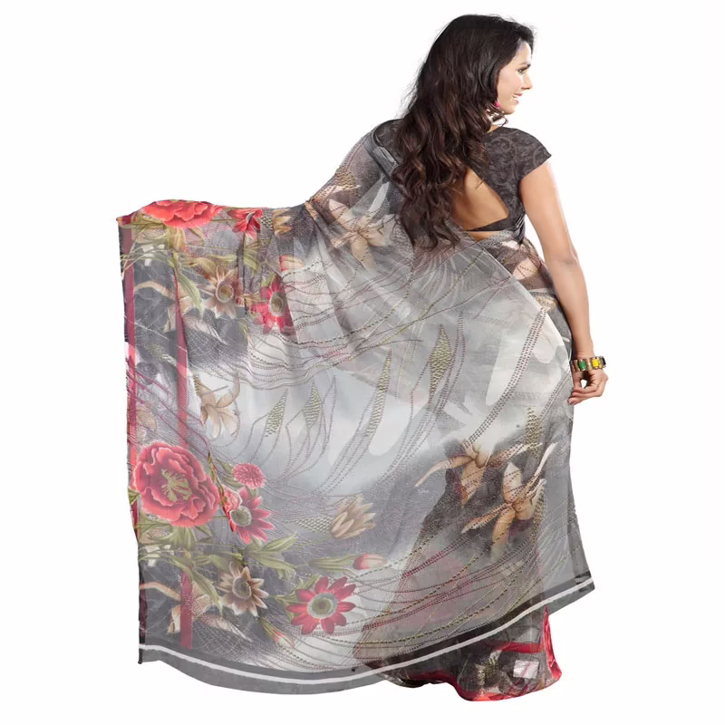 Lookslady Printed Grey Chiffon Saree - Image 4