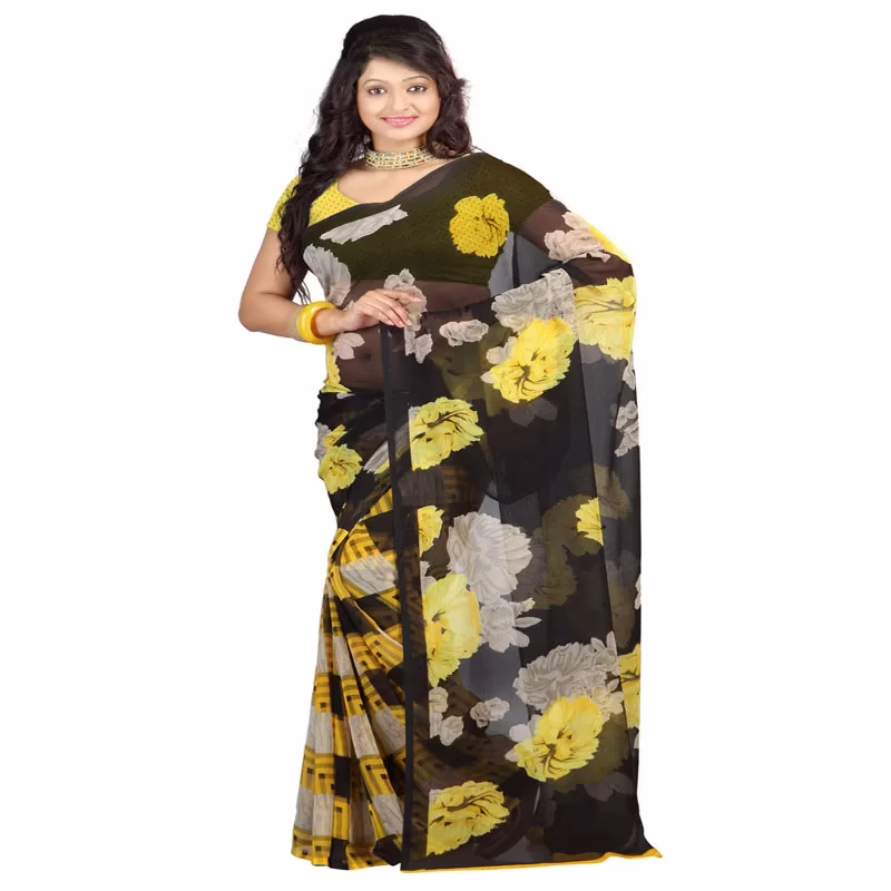 Lookslady Printed Black Chiffon Saree