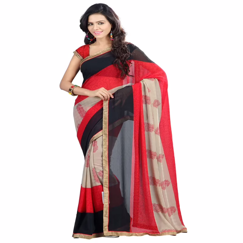 Lookslady Printed Red Chiffon Saree