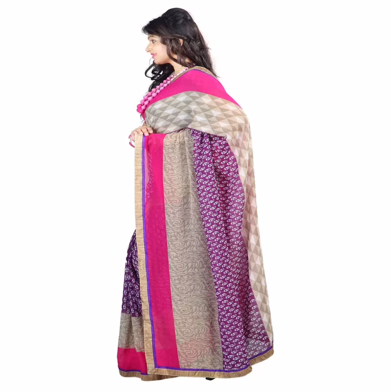 Lookslady Printed Purple Chiffon Saree - Image 4